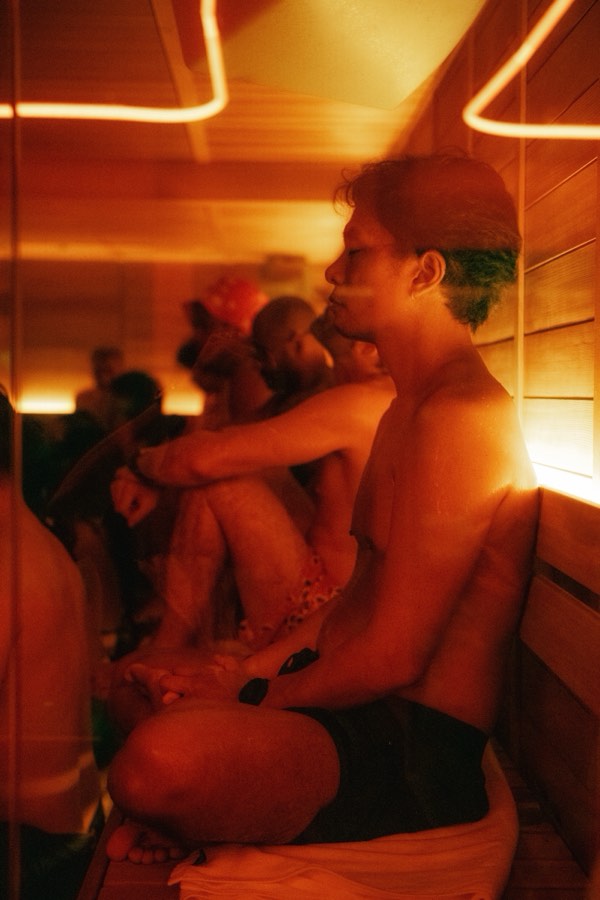 Guest breathing slowly in the Thermal Life sauna
